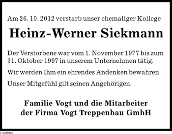 Traueranzeige von Heinz-Werner Siekmann von Deister- und Weserzeitung
