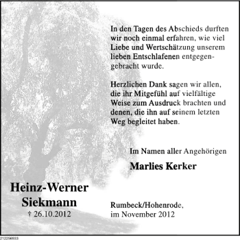 Traueranzeige von Heinz-Werner Siekmann von Deister- und Weserzeitung