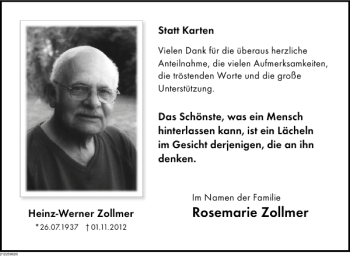 Traueranzeige von Heinz-Werner Zollmer von Deister- und Weserzeitung