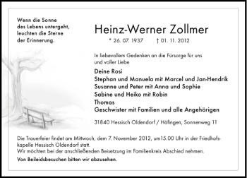 Traueranzeige von Heinz-Werner Zollmer von Deister- und Weserzeitung