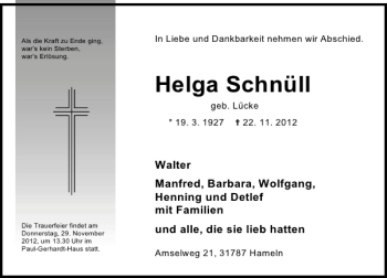 Traueranzeige von Helga Schnüll von Deister- und Weserzeitung