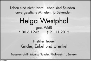 Traueranzeige von Helga Westphal von Deister- und Weserzeitung