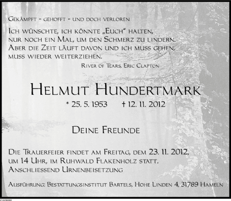  Traueranzeige für Helmut Hundertmark vom 17.11.2012 aus Deister- und Weserzeitung