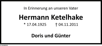 Traueranzeige von Hermann Ketelhake von Deister- und Weserzeitung
