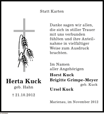 Traueranzeige von Herta Kuck von Deister- und Weserzeitung