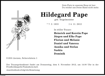 Traueranzeige von Hildegard Pape von Deister- und Weserzeitung