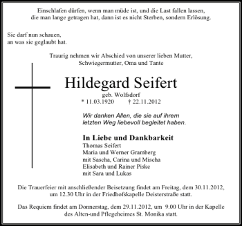 Traueranzeige von Hildegard Seifert von Deister- und Weserzeitung
