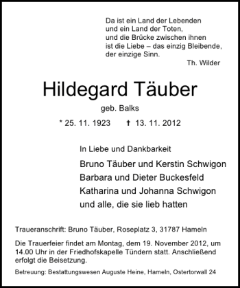 Traueranzeige von Hildegard Täuber von Deister- und Weserzeitung