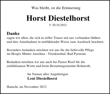 Traueranzeige von Horst Diestelhorst von Deister- und Weserzeitung