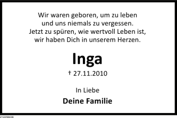 Traueranzeige von Inga  von Deister- und Weserzeitung