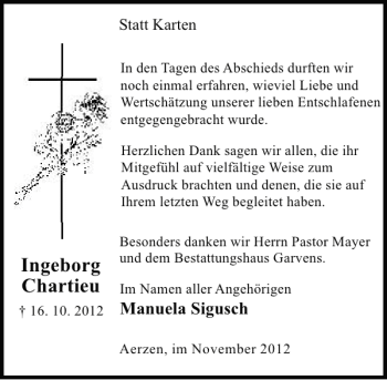 Traueranzeige von Ingeborg Chartieu von Deister- und Weserzeitung