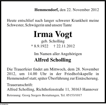 Traueranzeige von Irma Vogt von Deister- und Weserzeitung