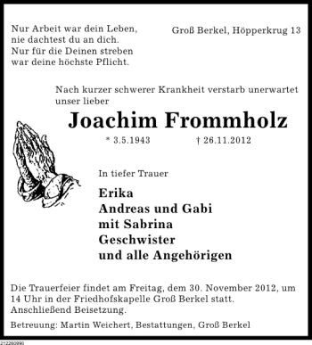 Traueranzeige von Joachim Frommholz von Deister- und Weserzeitung