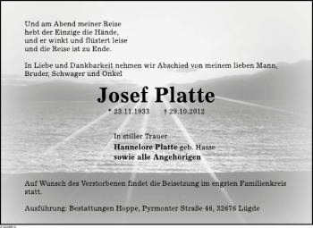 Traueranzeige von Josef Platte von Deister- und Weserzeitung