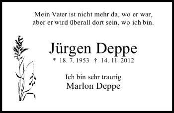 Traueranzeige von Jürgen Deppe von Deister- und Weserzeitung