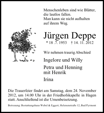 Traueranzeige von Jürgen Deppe von Deister- und Weserzeitung