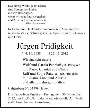 Traueranzeige von Jürgen Pridigkeit von Deister- und Weserzeitung
