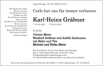 Traueranzeige von Karl-Heinz Gräbner von Deister- und Weserzeitung