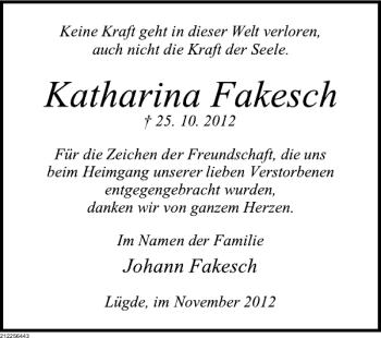 Traueranzeige von Katharina Fakesch von Deister- und Weserzeitung
