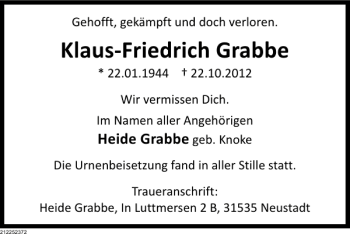 Traueranzeige von Klaus-Friedrich Grabbe von Deister- und Weserzeitung