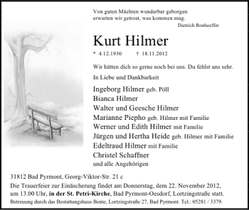 Traueranzeige von Kurt Hilmer von Deister- und Weserzeitung