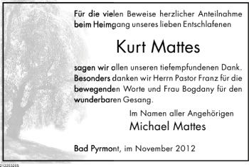 Traueranzeige von Kurt Mattes von Deister- und Weserzeitung