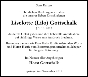 Traueranzeige von Lieselotte (Lilo) Gottschalk von Neue Deister-Zeitung