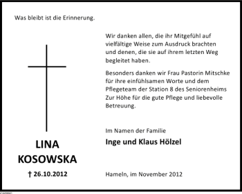 Traueranzeige von Lina Kosowska von Deister- und Weserzeitung