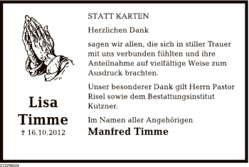 Traueranzeige von Lisa Timme von Deister- und Weserzeitung
