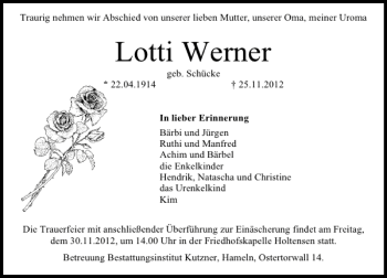 Traueranzeige von Lotti Werner von Deister- und Weserzeitung