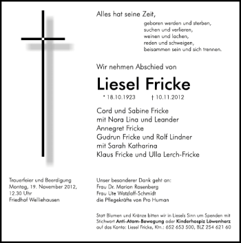 Traueranzeige von Luise Fricke von Deister- und Weserzeitung