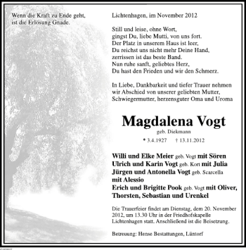 Traueranzeige von Magdalena Vogt von Deister- und Weserzeitung