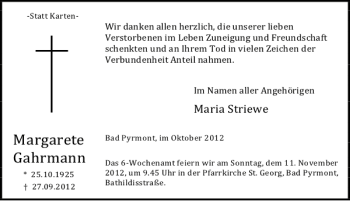 Traueranzeige von Margarete Gahrmann von Deister- und Weserzeitung