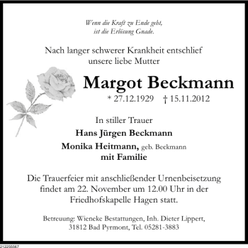 Traueranzeige von Margot Beckmann von Deister- und Weserzeitung
