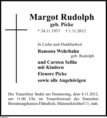 Traueranzeige von Margot Rudolph von Deister- und Weserzeitung