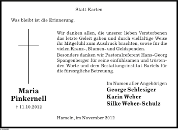 Traueranzeige von Maria Pinkernell von Deister- und Weserzeitung