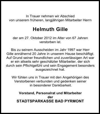 Traueranzeige von Nachruf Helmut Gille von Deister- und Weserzeitung