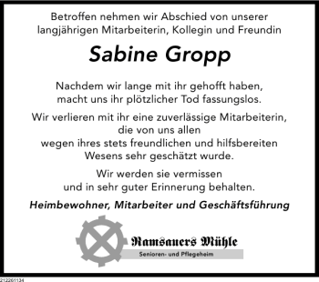 Traueranzeige von Nachruf Sabine Gropp von Deister- und Weserzeitung