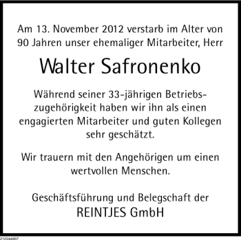 Traueranzeige von Nachruf Walter Safronenko von Deister- und Weserzeitung