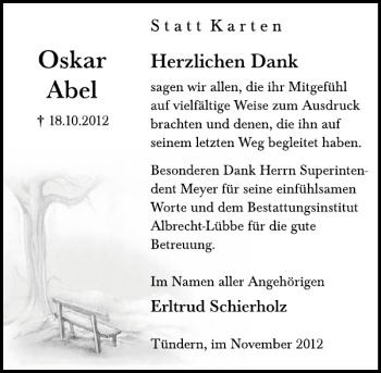 Traueranzeige von Oskar Abel von Deister- und Weserzeitung