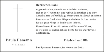 Traueranzeige von Paula Hamann von Deister- und Weserzeitung