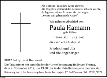Traueranzeige von Paula Hamann von Deister- und Weserzeitung