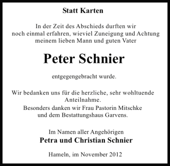 Traueranzeige von Peter Schnier von Deister- und Weserzeitung