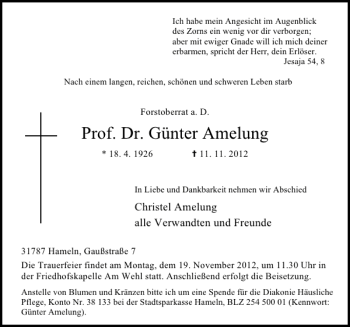 Traueranzeige von Prof. Dr. Günter Amelung von Deister- und Weserzeitung