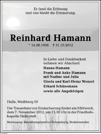 Traueranzeige von Reinhard Hamann von Deister- und Weserzeitung