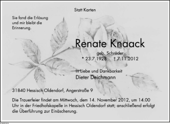 Traueranzeige von Renate Knaack von Deister- und Weserzeitung