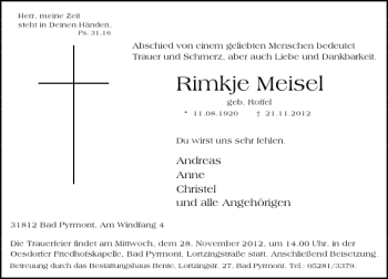 Traueranzeige von Rimkje Meisel von Deister- und Weserzeitung