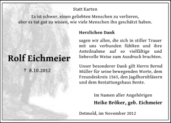 Traueranzeige von Rolf Eichmeier von Deister- und Weserzeitung