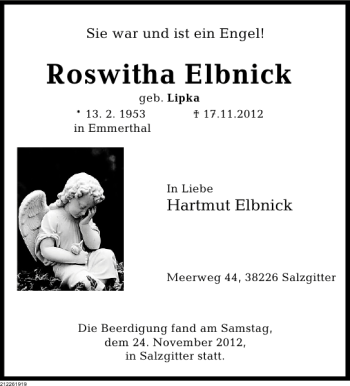 Traueranzeige von Roswitha Elbnick von Deister- und Weserzeitung