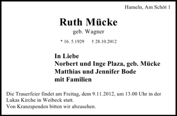 Traueranzeige von Ruth Mücke von Deister- und Weserzeitung